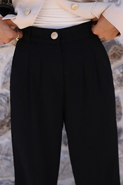 bytugcekaya Black Gold Button Detail Pleated Palazzo