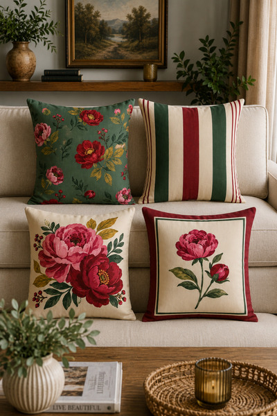 Elay Tekstil 4’lü Kırlent Kılıfı Seti 43x43 cm Dekoratif Yastık Kılıfı Çiçekl...