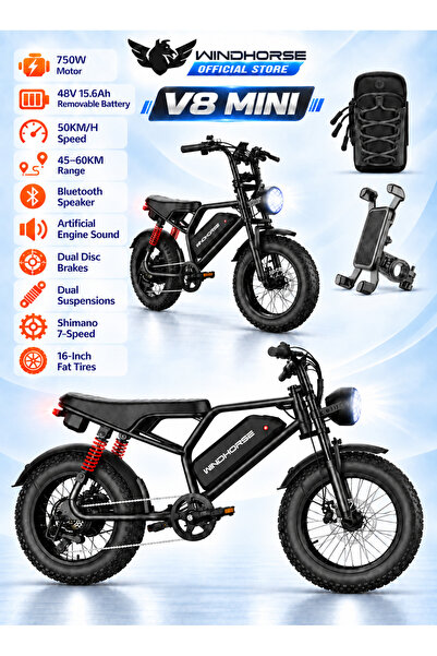 Wind Horse V8 Mini Electric Bike 750W Motor (1255W Peak Power) – 48V 15.6Ah B...