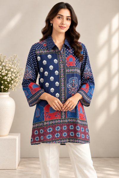 Devoiler Women’s Navy Blue Ethnic Printed Shirt-Style Kurta