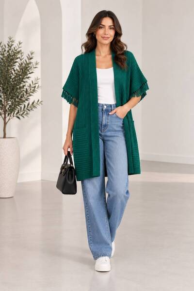 MAY MARA Women's tassel sleeved comfortable fit jacquard cardigan