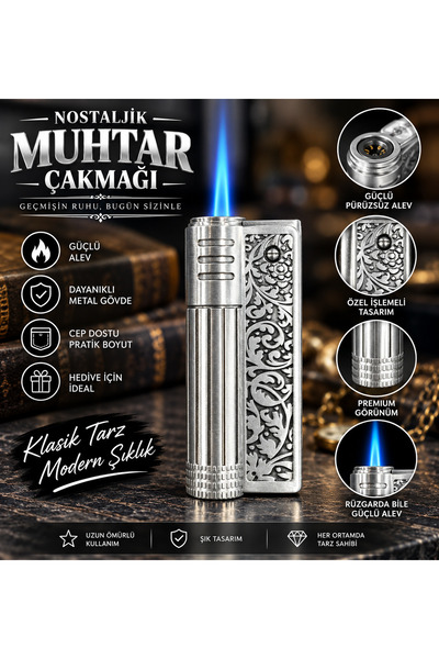 AZİMKARTİCARET 🔥 ESKİ MUHTAR ÇAKMAĞI MODELİ – IZGARALI İŞLEMELİ METAL ÇAKMAK...