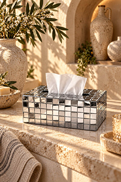 House Bird Gümüş Mozaik Tasarım Peçetelik Dekoratif Modern Masa Üstü Organizer