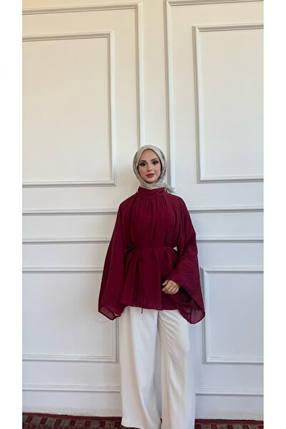 KEVRA Dökümlü Yarasa Kol Boğazlı Şifon Bluz - Pembe