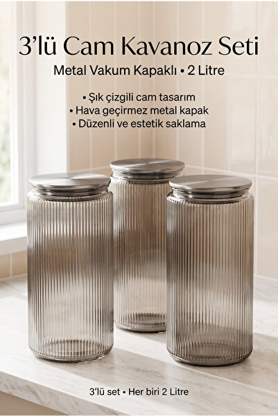 Ev Modu Home 3’lü Çizgili Cam Saklama Kavanozu Seti Metal Vakum Kapaklı 2 Litre