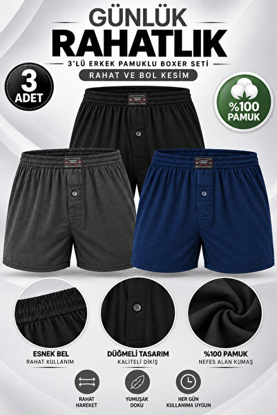 Alıç Men's Boxer 100% Cotton (Seher Yetikili Satıcısı) 3 Pieces Combed Cotton...
