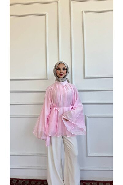 KEVRA Dökümlü Yarasa Kol Boğazlı Şifon Bluz - Pembe