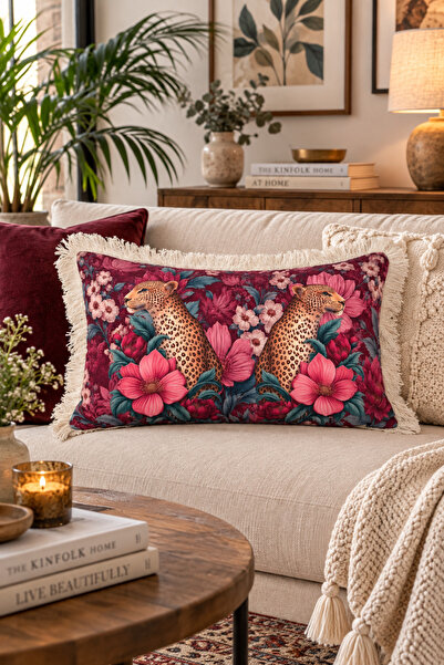Pilloveland Dikdörtgen Saçaklı Kırlent Kılıfı 50*30 Cm - Pembe Leopar