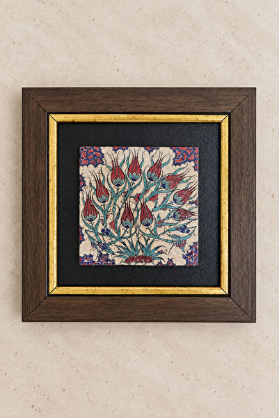Doğal Taş Lale Desenli Çerçeveli Traverten Tablo 20x20 cm