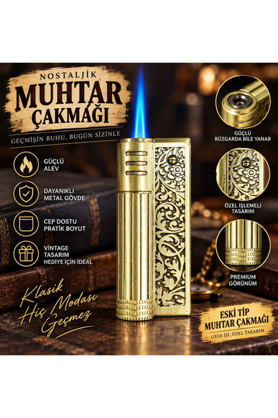 AZİMKARTİCARET 🔥 ESKİ MUHTAR ÇAKMAĞI MODELİ – IZGARALI İŞLEMELİ METAL ÇAKMAK...