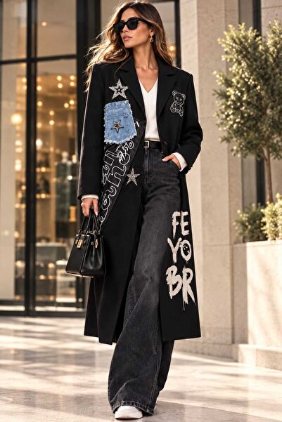 Yumey Kadın Siyah Uzun Blazer Ceket Taş İşlemeli Oversize Ceket