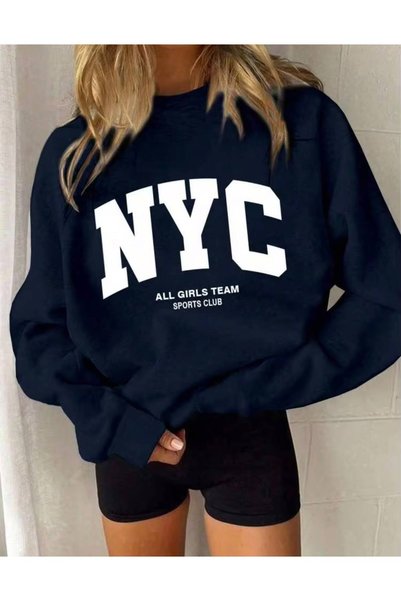 LOUİSA Women's Oversize Nyc Printed Navy Blue 2-Thread Crew Neck Sweatshirt