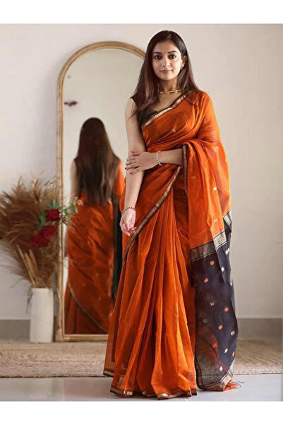 MYSMAR Burnt Orange Saree with Black Pallu & Zari Border - KTS9943 | Burnt Or...