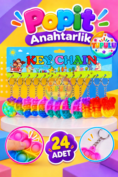 YUPULU Popit Anahtarlık Oyuncak 24 Adet Hediyelik Popit Doğum Günü Hediyesi K...