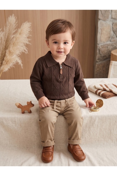 Deniva Kids Erkek Bebek Kahverengi Polo Yaka Fermuarlı Triko Kazak ve Beli La...