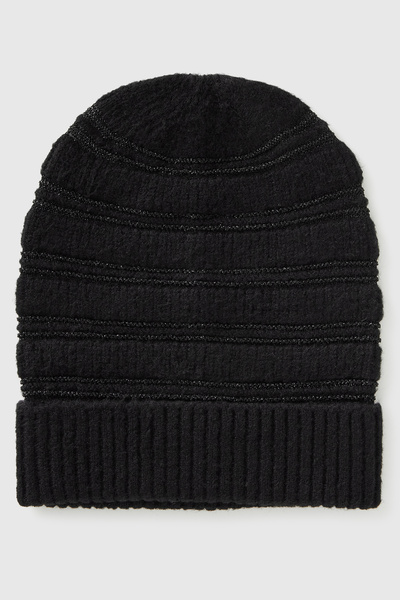 United Colors of Benetton Women's Black Wool Blend Striped Knitted Beret