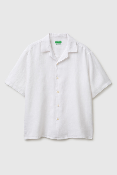 United Colors of Benetton Men's White 100% Linen Relaxed Fit Short Sleeve Bow...