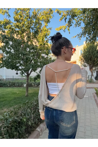 Ali Butik Krem Sırt Dekolteli İnci Detaylı Triko