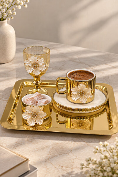 YzHome 2 Kişilik Porselen Gold Lotus Kahve Fincan Takımı Seti Kahve Yanı Bardak - Metal Sunum Tepsi - Porselen Lokumluk - Metal Tepsi