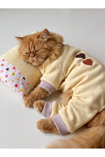 Kemique Winter Hearts Kedi Uyku Seti | Penye Kedi Tulum ve Mini Yastık Takımı...