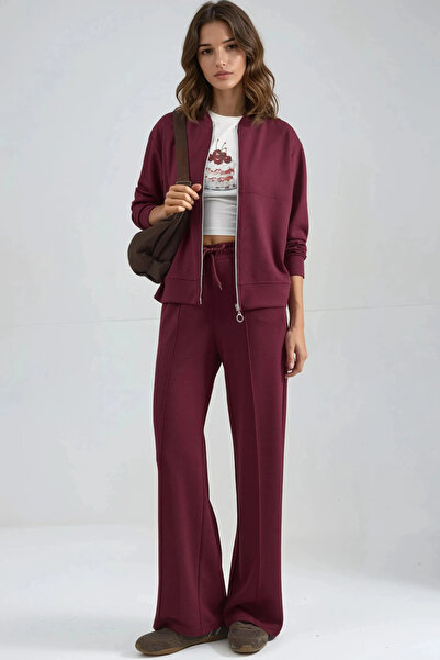 fiolin Modal Dokulu Fermuarlı Sweatshirt & Nervürlü Pantolon Takımı