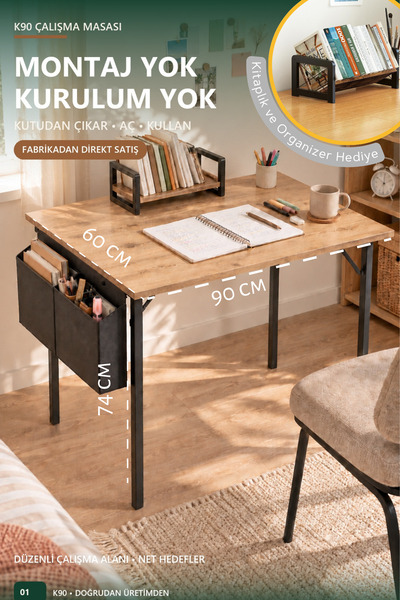 KUĞU GARDEN K90 Çalışma Masası 90x60 Montajsız Kurulumsuz Katlanır, Yan Raf v...