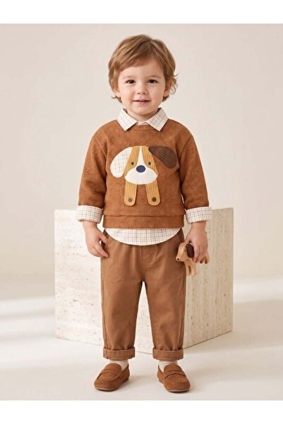 Zekids Baby Boy Dog Appliqué Sweater, Shirt and Pants Set