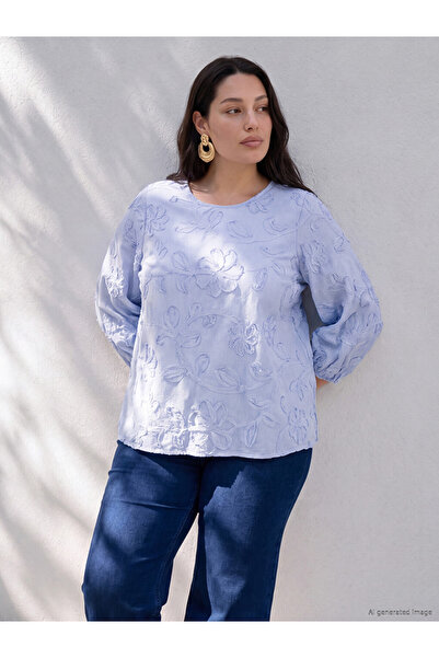 LC Waikiki Ozmarka New Season Blue Plus Size Crew Neck Embroidered Blouse