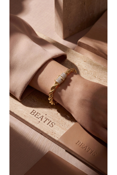 Beatis Gold Twisted Bracelet with Stones and Lock Design, Thick and Stylish Women's Bracelet Aly-401
