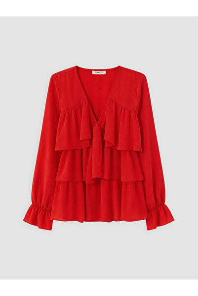 LC Waikiki Vizyon New Season Red V-Neck Ruffled Layered Blouse