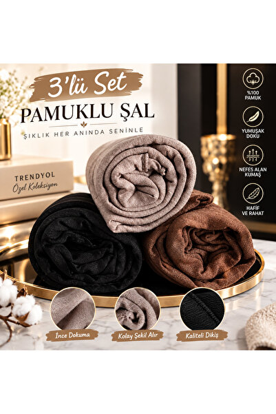 İmpavido Set of 3 Combed Cotton Viscose Shawls in Black, Brown, Mink Cotton L...
