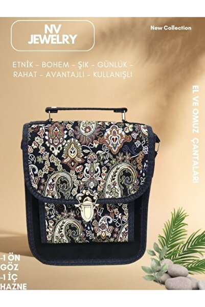 NV JEWELRY Mavi Desenli Bohem El Çantası