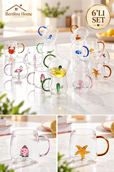 Berdina Home 6lı Figürlü Cam Bardak 3D Sevimli Karikatürler Bardağı Kawaii Re...