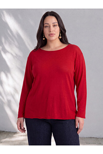 LC Waikiki Vizyon New Season Red Plus Size Boat Neck Blouse