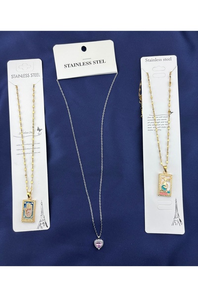 Mistik Şıklık - 3'lü Paslanmaz Çelik Tarot Kartı ve Kalp Figürlü Kadın Kolye Seti