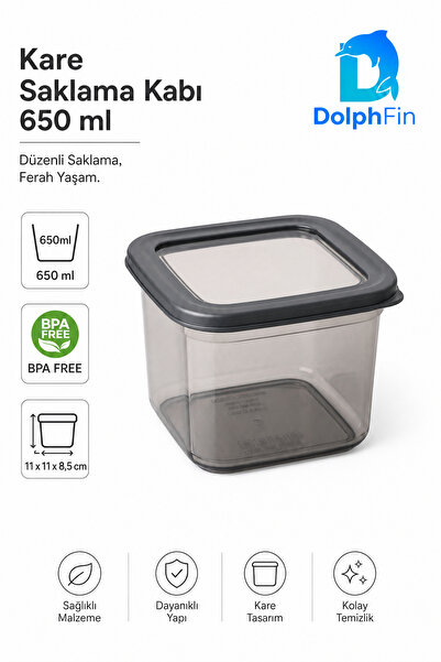 DolphFin Square Storage Container 650 ml Black 11 × 11 × 8.5 cm