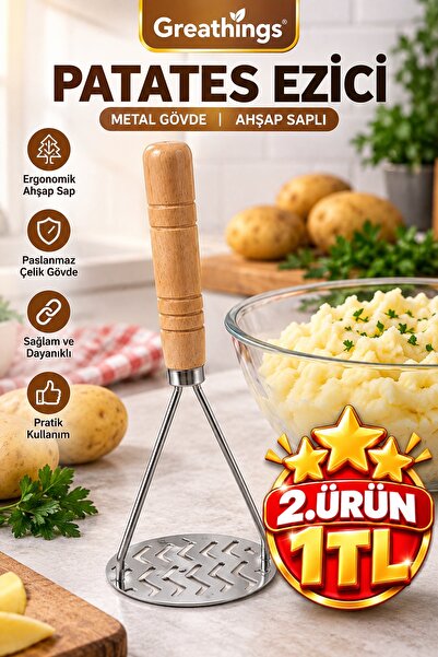 Greathings Metal Potato Masher with Wooden Handle Stainless Steel Ergonomic V...