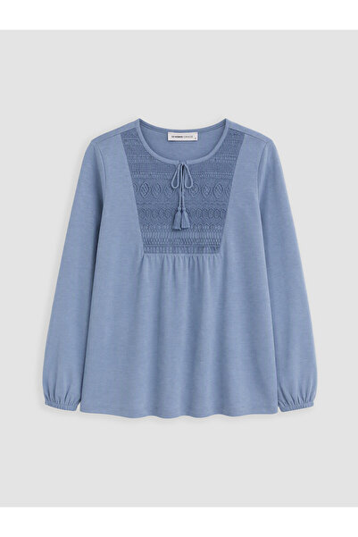 LC Waikiki Vizyon New Season Blue Tie-Neck Embroidered Blouse