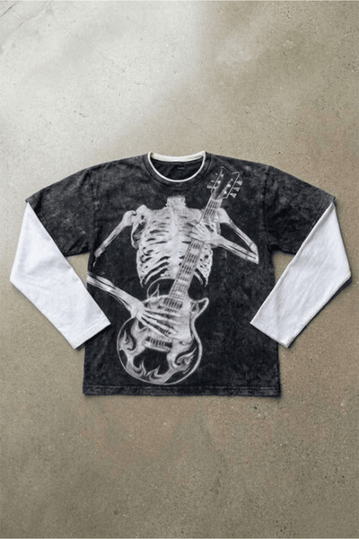 BALİNA Siyah Skeleton Guitar Gotik Beyaz Kollu Y2K Uzun Kollu T-Shirt