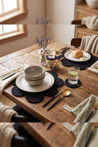 Homever 4 Pieces 36cm Black Daisy Cotton Rope American Service / Soup Set