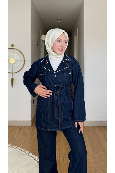 Colomer Women's Stone-Detail Silver Buttoned Belted Jeans Suit with Fleto Poc...