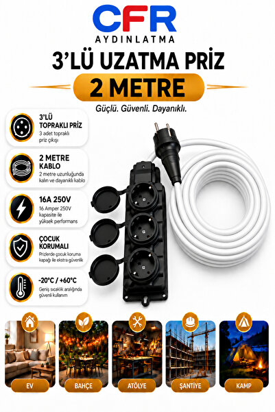 CFR LED AYDINLATMA 3'lü Seyyar Uzatma Kablolu Grup Priz Kauçuk 3x2,5 TTR 2-3-...