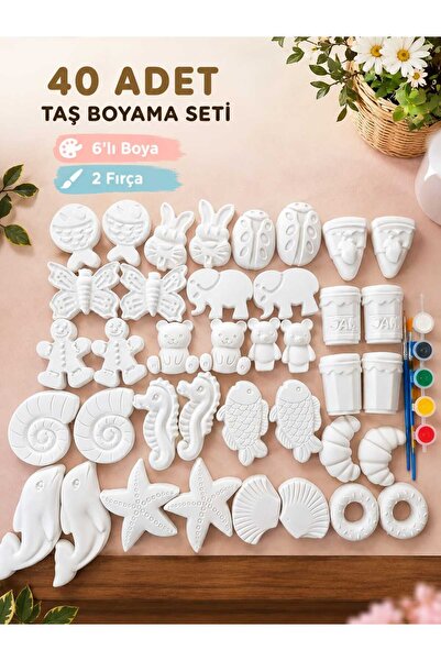 boniboo 40’lı Taş Tozu Boyama Seti | 6’lı Boya + 2 Fırça | Çocuk Hobi Seti