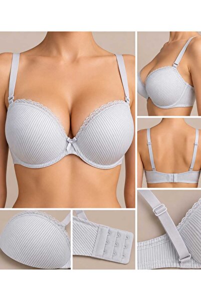 Kadın Beyaz Çizgili Destekli Push-Up Sütyen – Dantel Detaylı Ayarlanabilir Askılı