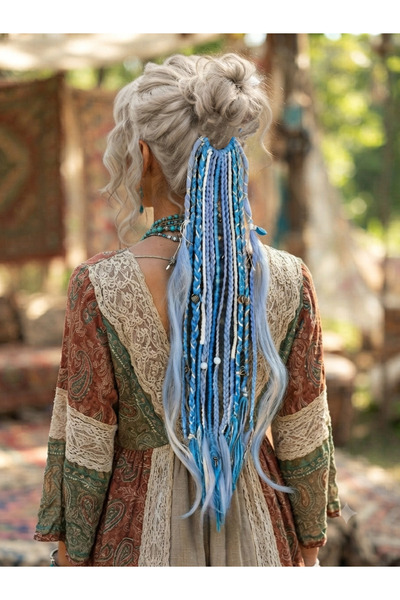 Almila Buzul Mavi Bohem Rasta Toka Saç Aksesuarı Mistik Otantik Hippie Afrika...