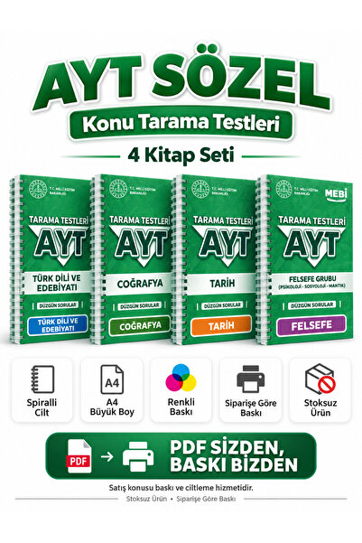 AYT Sözel Konu Tarama Testleri 4 Kitap Seti Türk Dili ve Edebiyatı Tarih Coğrafya Felsefe A4 Spiralli