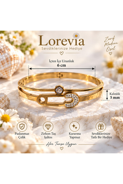 LOREVIA Çengelli İğne Motifli Zirkon Taşlı Paslanmaz Çelik Kelepçe Bilezik.