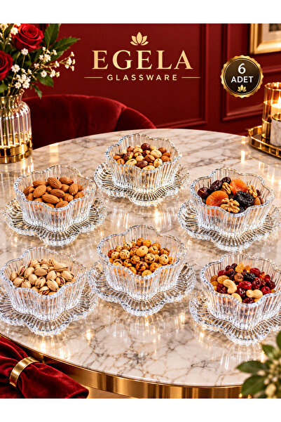 EGELA GLASSWARE 6 kişilik 12 parça Lotus Çiçek Model Cam Çerezlik Kase Seti -...