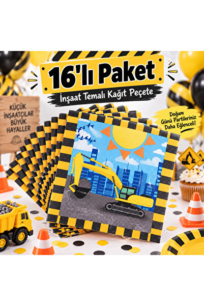 Partifabrik Construction Work Machines Yellow Black Paper Napkins 16 Pcs
