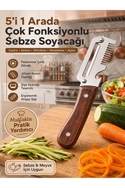 5 in 1 Ahşap Saplı Paslanmaz Çelik Jülyen Sebze Meyve Soyacağı Ve Rende